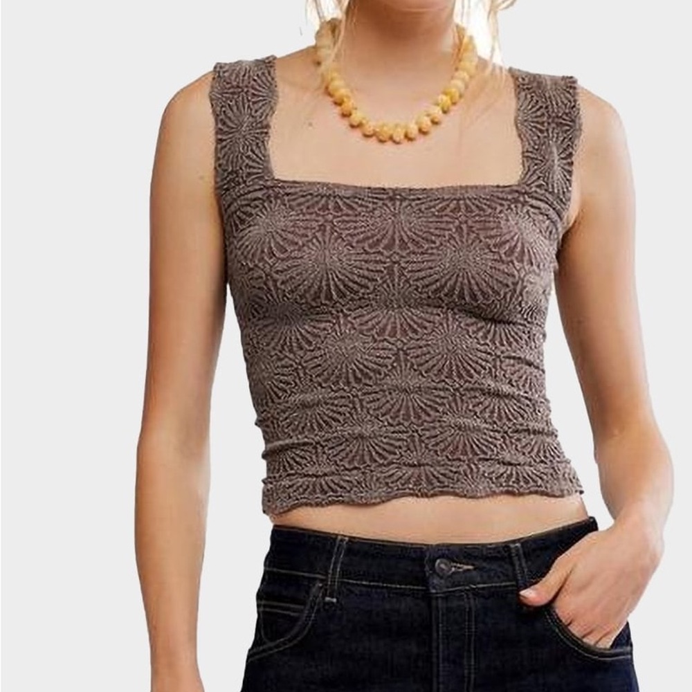 Intimately Free People Love Letter Cami Brown Textured Crop Square Neck Top